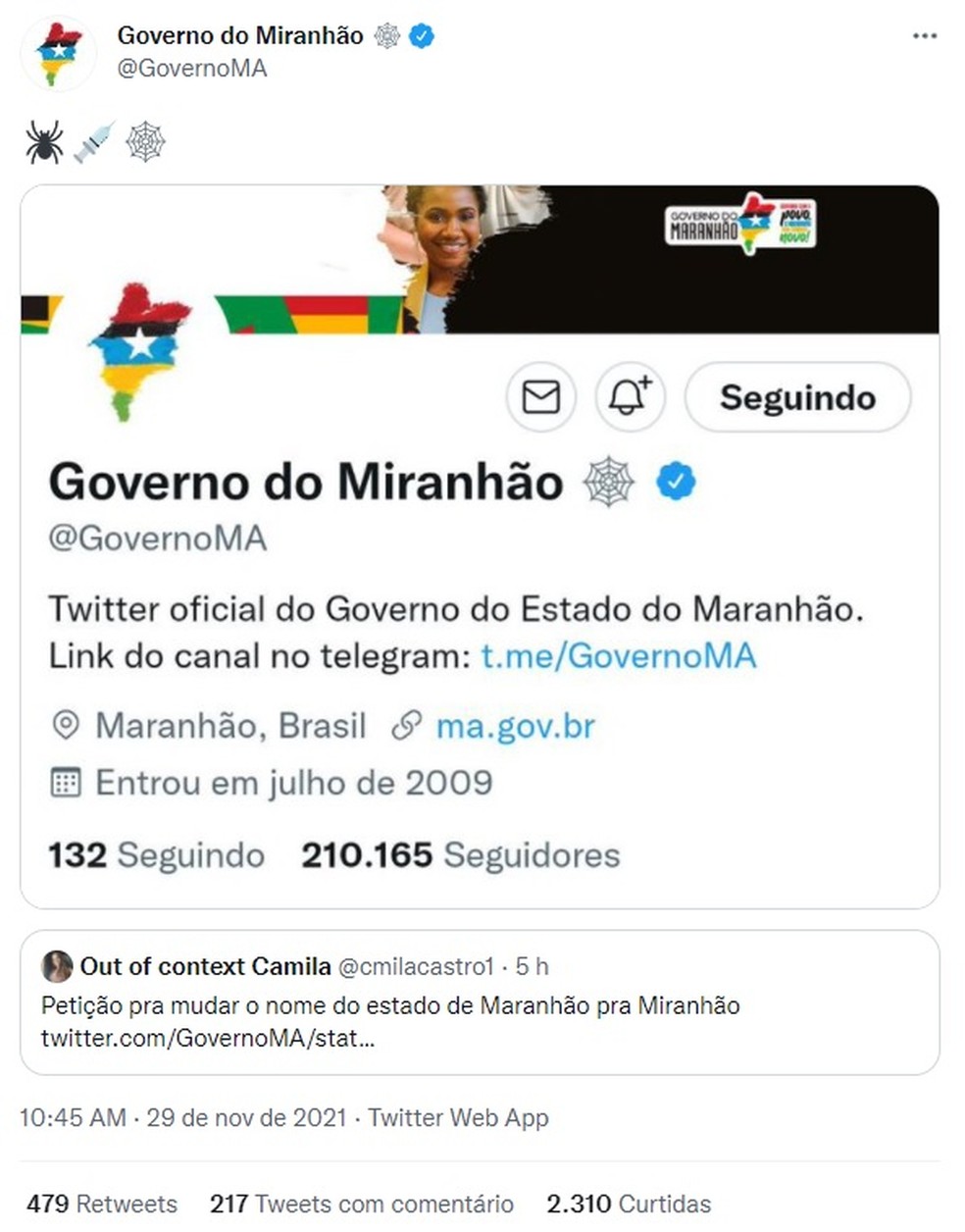 Após a brincadeira viralizar nas redes sociais, Governo do Maranhão trocou nome de perfil de uma rede social para 'Miranhão'. — Foto: Reprodução/Redes sociais